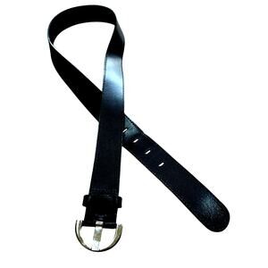 Express black leather belt unique semi circle silvertone buckle size M